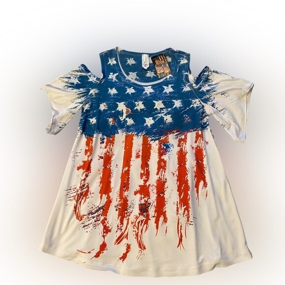 NWT women’s Liberty wear cold shoulder 4th of July Flag shirt made in USA size L - Picture 4 of 6